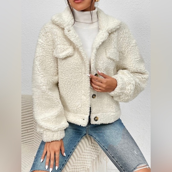 SHEIN EZwear Drop Shoulder Flap Detail Teddy Jacket - Picture 3 of 6